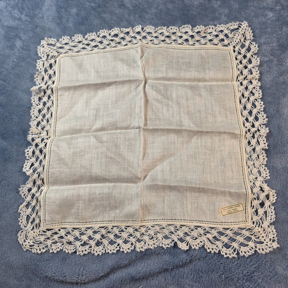Vintage Irish Linen Handkerchief Wide Crochet Lace Original Label Bridal Hanky